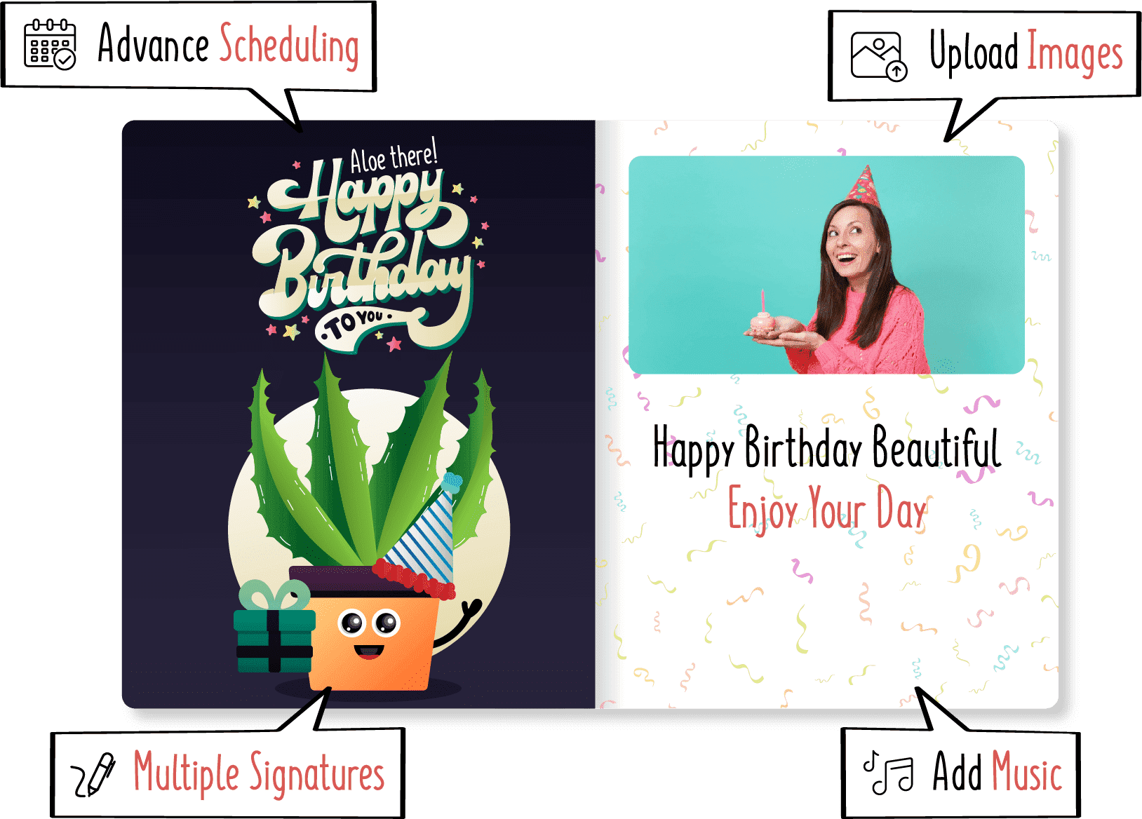 Group eCard key features Group greeting cards with multiple signatures, image uploads, music, and scheduling
