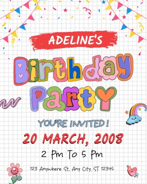 Colorful Girl Birthday Invitation Colorful Girl Birthday Invitation